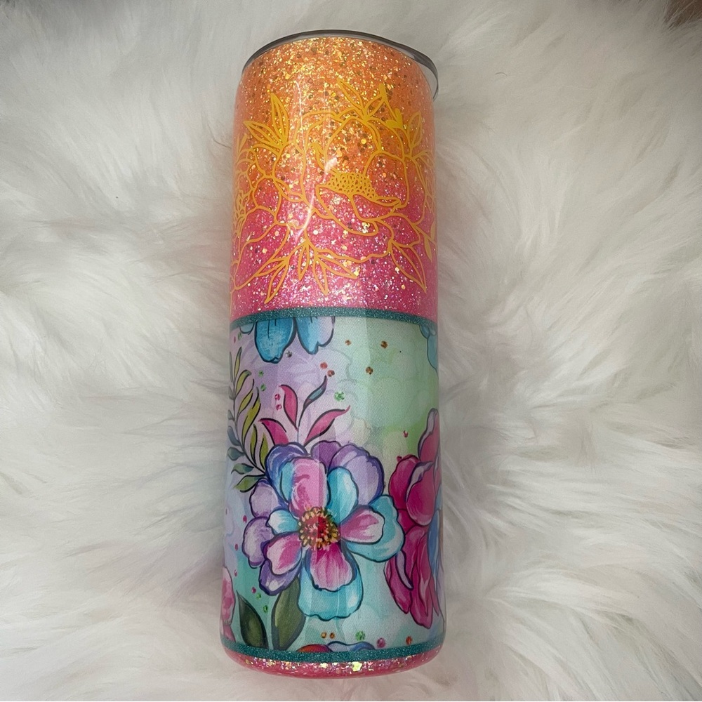 New Floral Glitter Tumbler - Ombré Pink/Orange and Blue (Handmade) 20oz Tumbler
